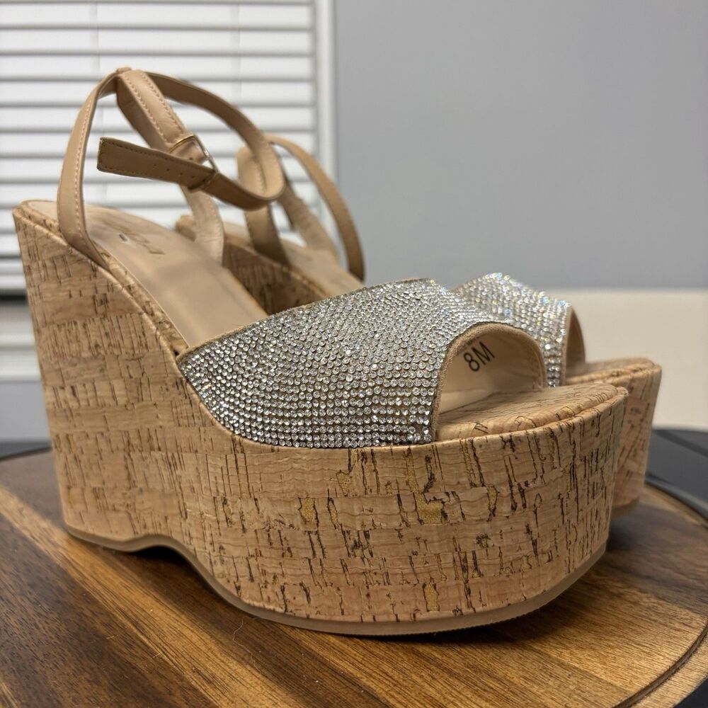 Soda Razzi Rhinestone Cork Platform Wedge Sandals Ankle Strap Nude Beige Sz 8M